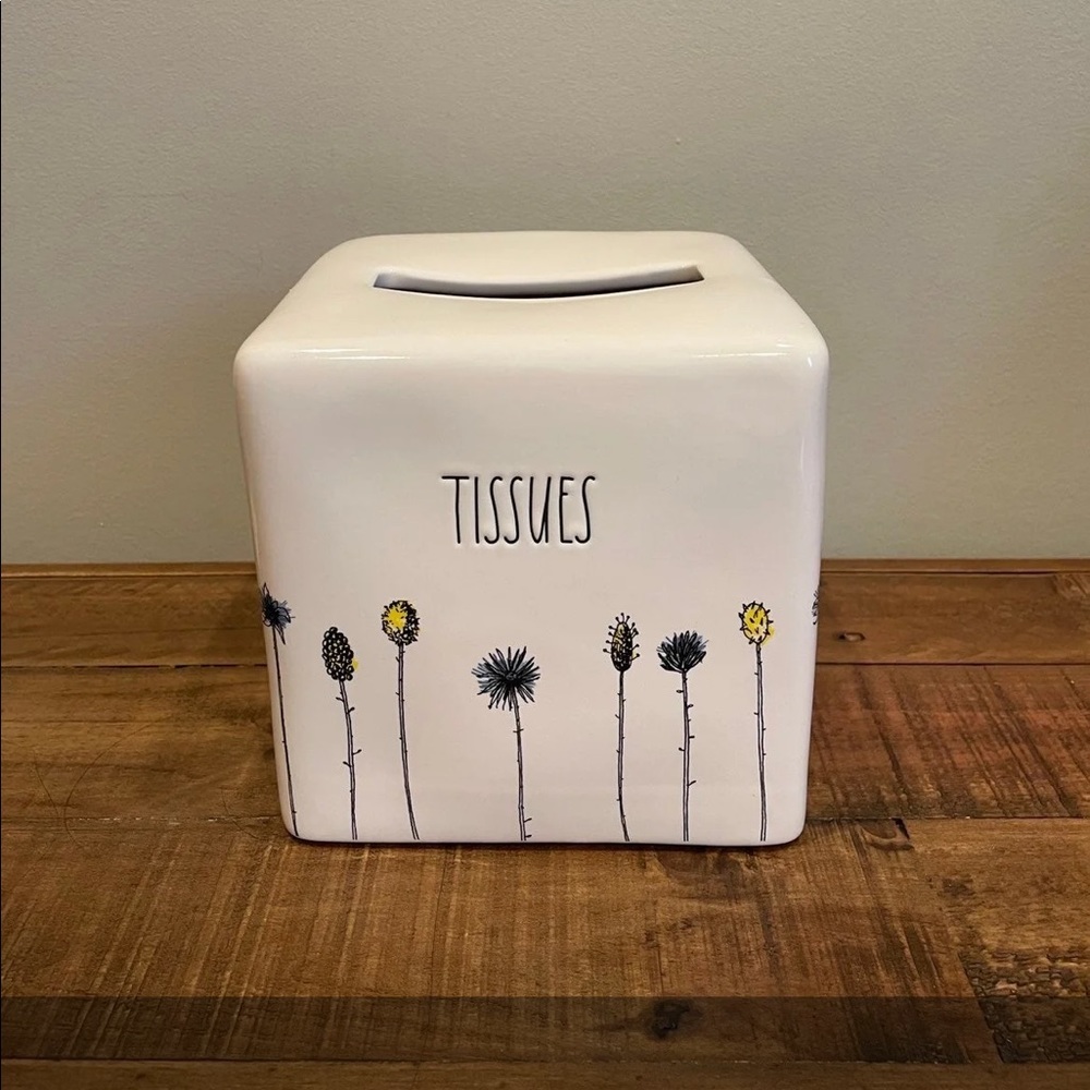 Rae Dunn TISSUES Box Cover Ceramic Blue & Yellow Floral Flowers New